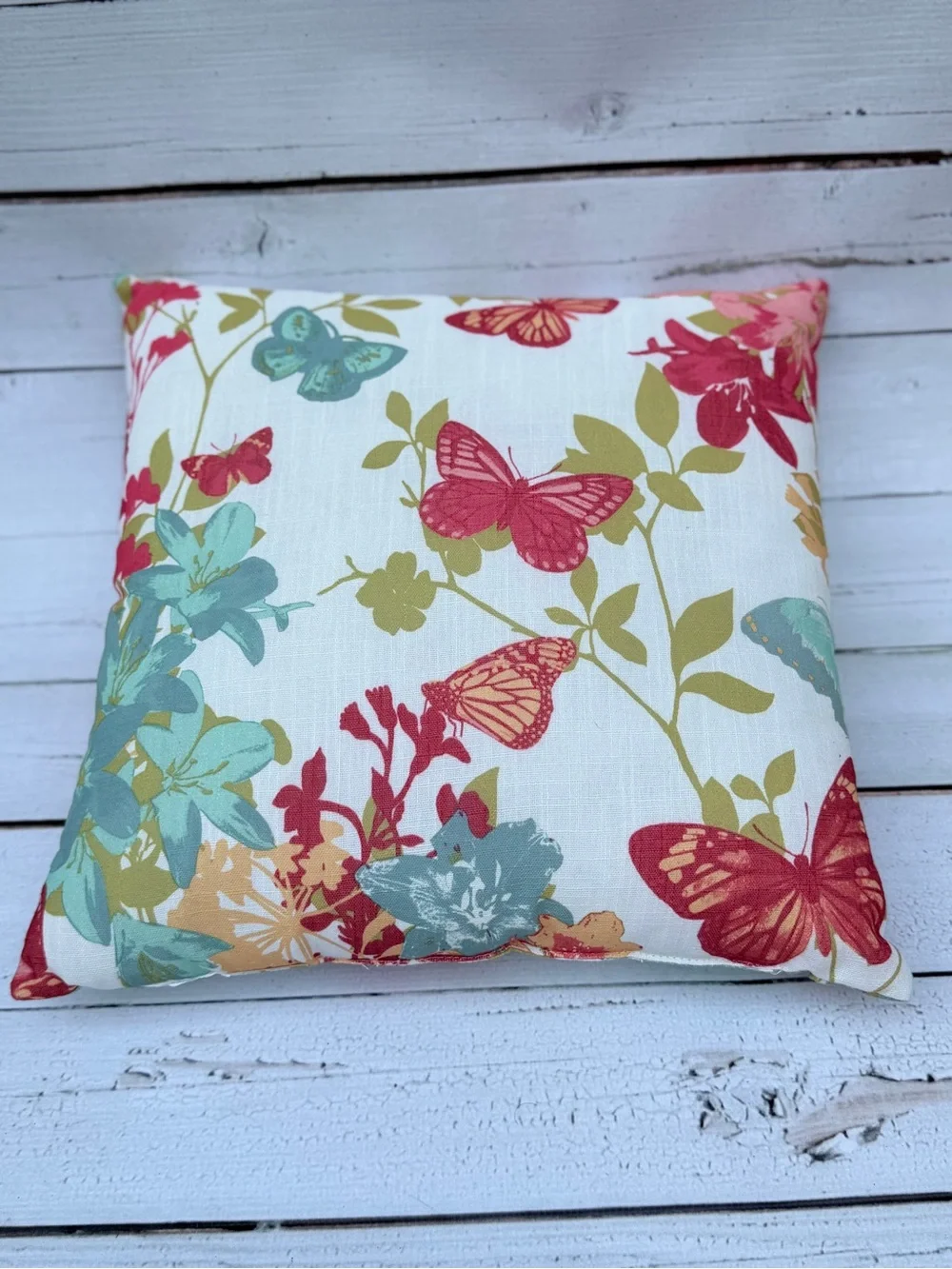 Butterfly Floral Accent Pillow in White, Pink & Green